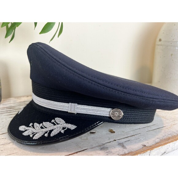 Vintage Pilot Hat By Premiere Hat Co Size 7 3/8 MINT Dark Navy Blue & Silver USA - Picture 3 of 9